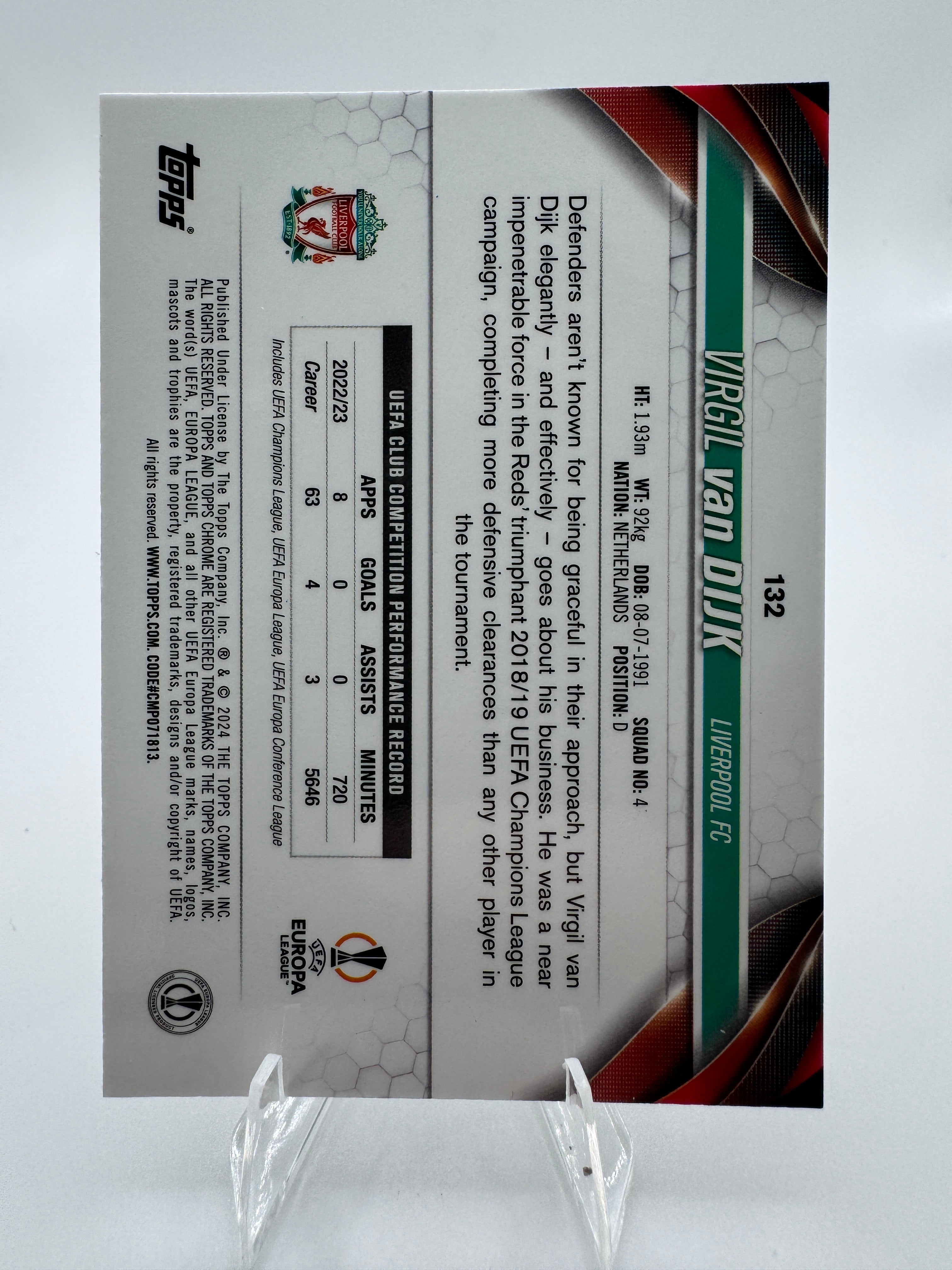 Virgil van Dijk - Numbered 12/75 - 2023 Topps Chrome Green Refractor - Liverpool