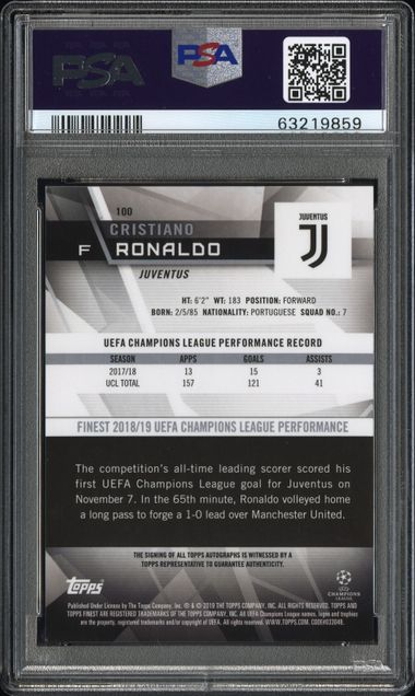 2018 Topps Finest UCL Cristiano Ronaldo #100 Auto Juventus /25 PSA 8 AUTO 9 POP 3
