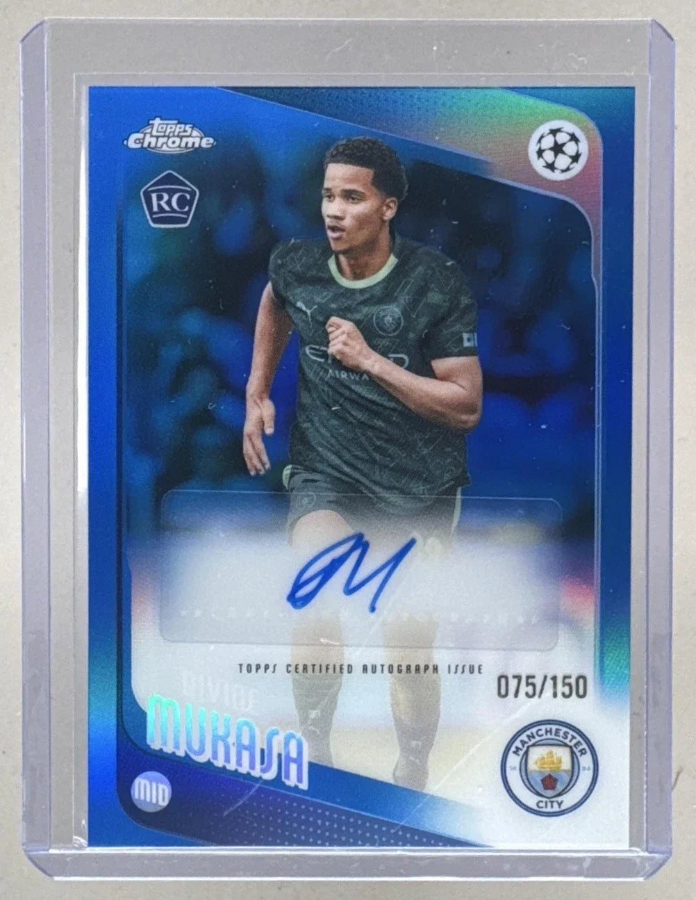 Divine Mukasa 2025 Topps Chrome UEFA #CA-MU Blue Refractor RC Auto /150