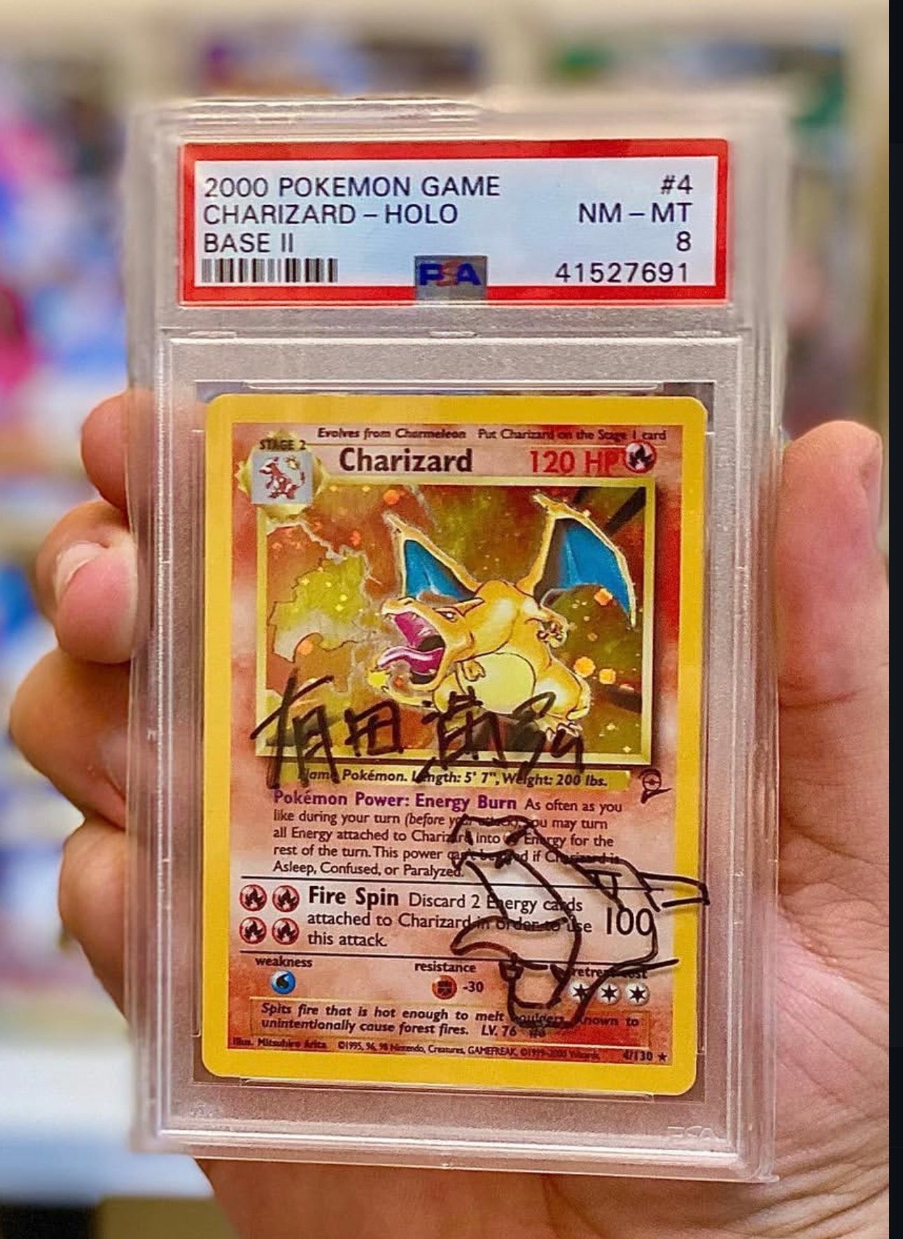 Charizard Base set 2 PSA 8 Mitsuhiro Arita signed name and illustration