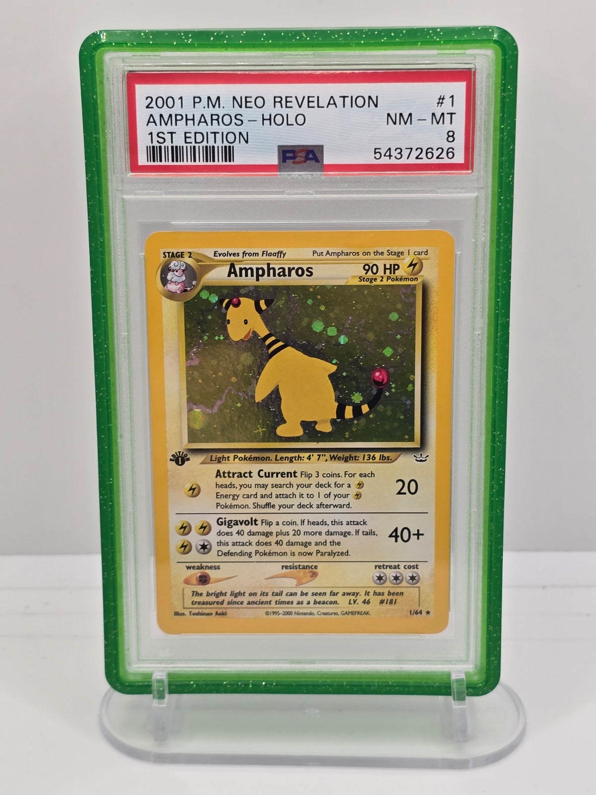Ampharos 1 · 1st Edition Holofoil (Neo Revelation) — PSA 8 — Double Holo Error