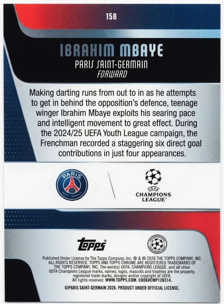 2026 Topps Chrome Ibrahim Mbaye #158 Paris Saint-Germain PSG Forward - Future Star - Night Vision