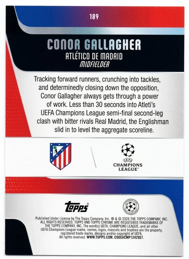 2025-26 Topps Chrome UEFA Club Competitions - Conor Gallagher #189 Atlético de Madrid (Pink Sparkle Refractor - #167/250)
