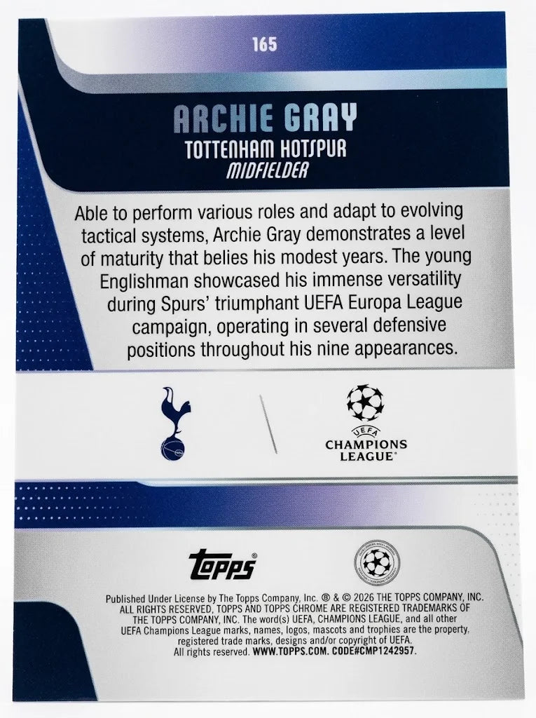2025-26 Topps UEFA Club Competitions - Archie Gray #165 Tottenham Hotspur (Pink Refractor - #185/250)