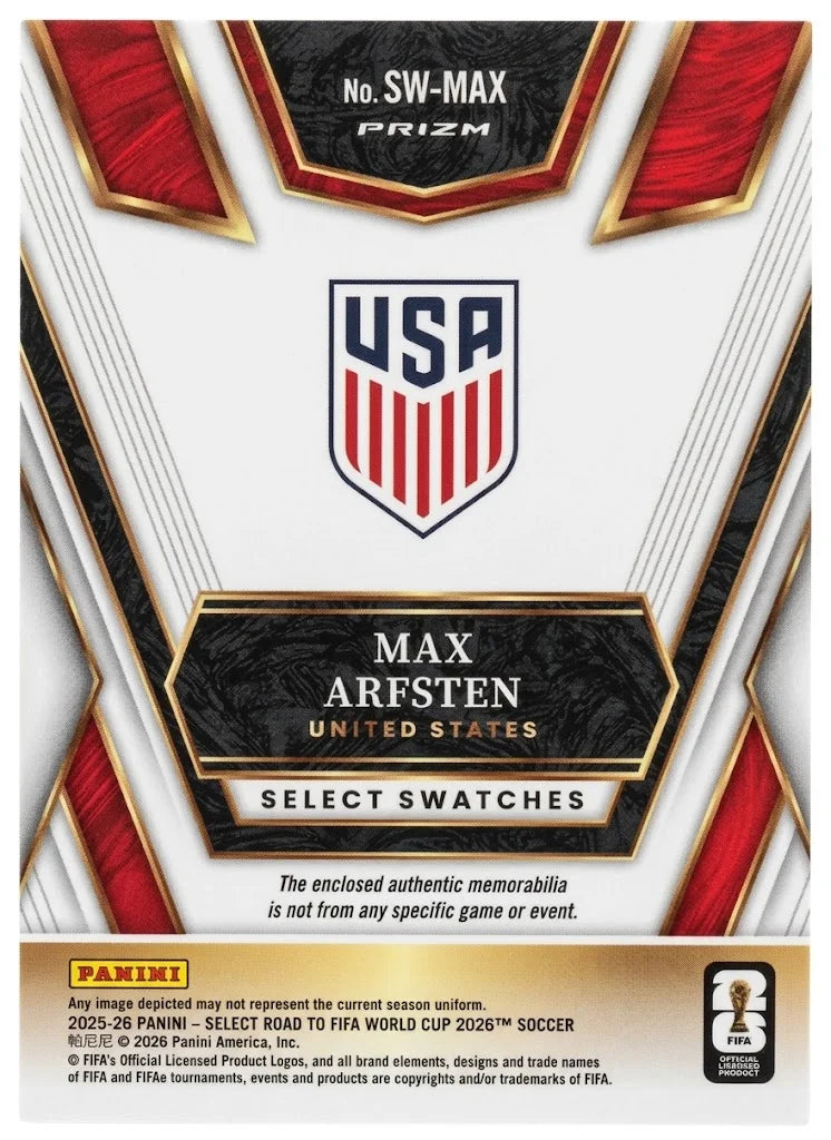 2025-26 Panini Select Road to FIFA World Cup - Max Arfsten Select Swatches Relic (White Prizm Variant)