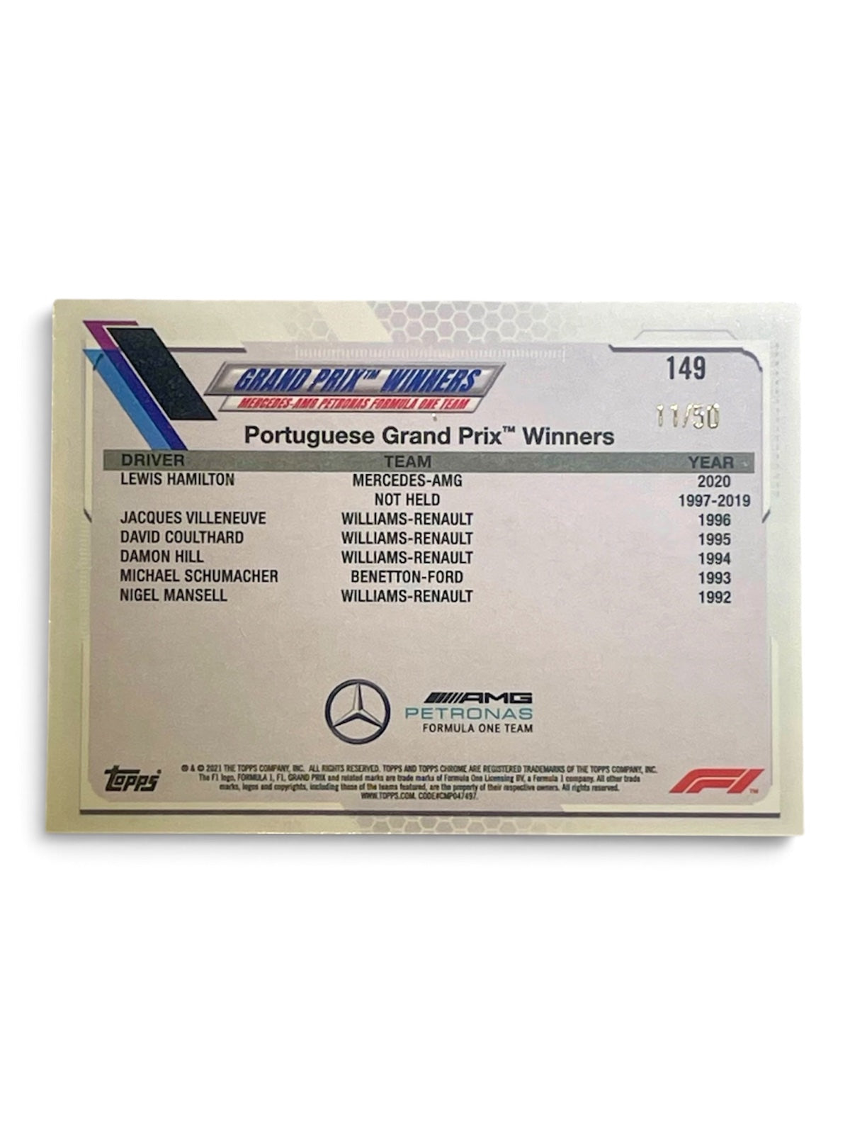 2021 Topps Chrome F1 Lewis Hamilton Grand Prix Winner Gold Wave /50