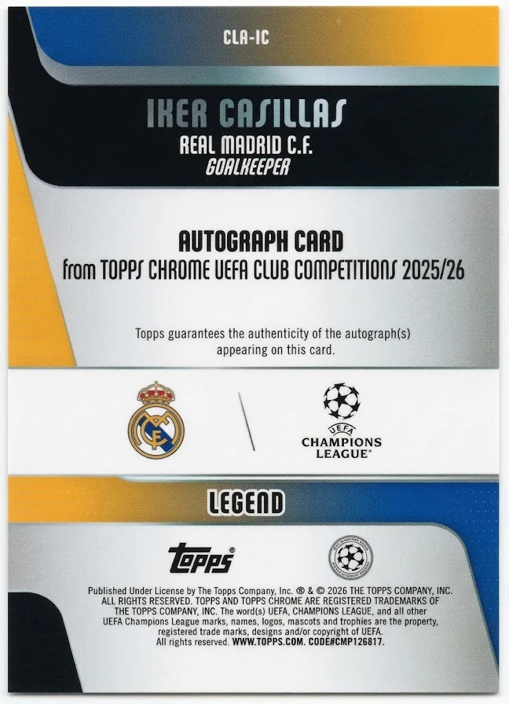 2025-26 TOPPS Chrome UCC Logofractor Iker Casillas Real Madrid Auto Orange 12/25