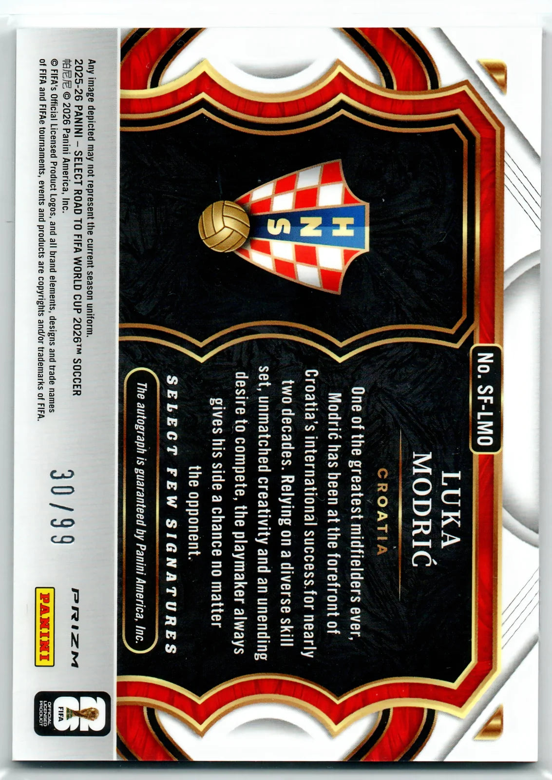 2025-26 Select Road to World Cup LUKA MODRIC Select Few Auto Purple 30/99
