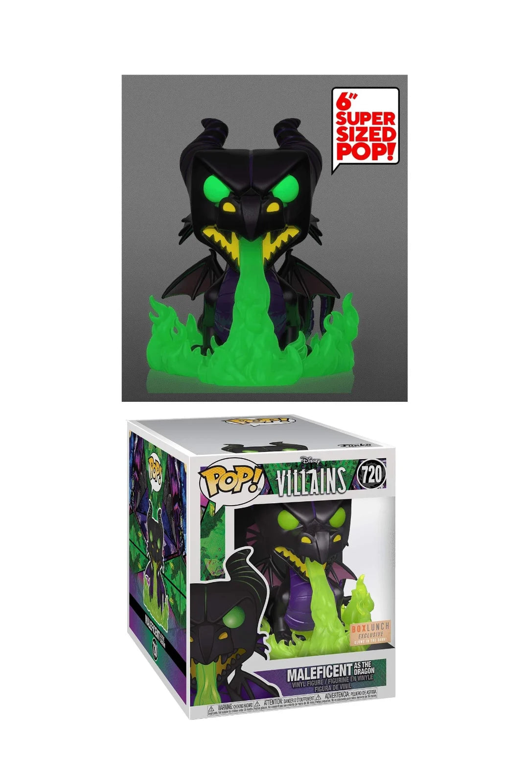 Funko Pop! Disney Villians - Maleficent As The Dragon #720, Box Lunch Exclusive - Glows In The Dark, 6" Super Sized Pop