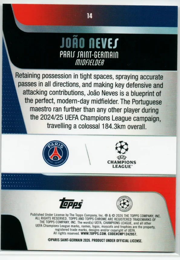 2025/26 Topps Chrome UEFA Club Competitions Raywave Refractor #14 Joao Neves