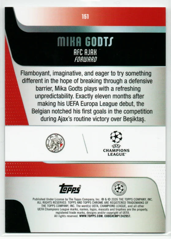 2025-26 Topps Chrome UEFA CC Mika Godts #151 Raywave Refractor