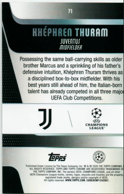 2025-26 Topps Chrome UEFA CC RayWave Khephren Thuram #71 Juventus