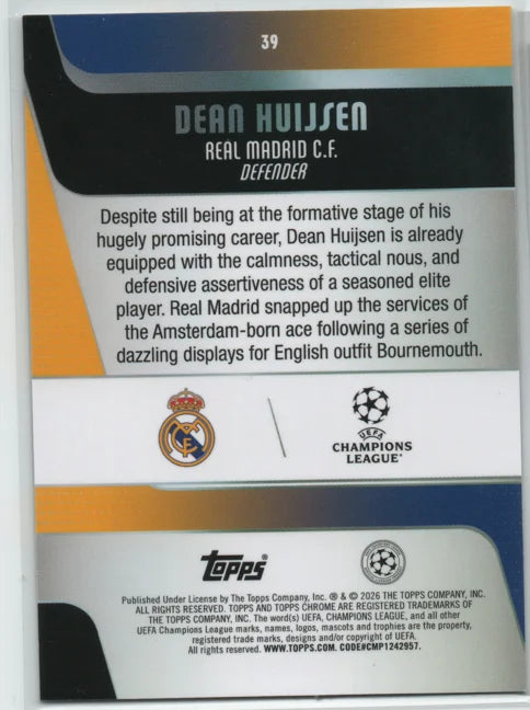 Dean Huijsen 2025-26 Topps Chrome UEFA Club Competitions #39 RayWave Refractor