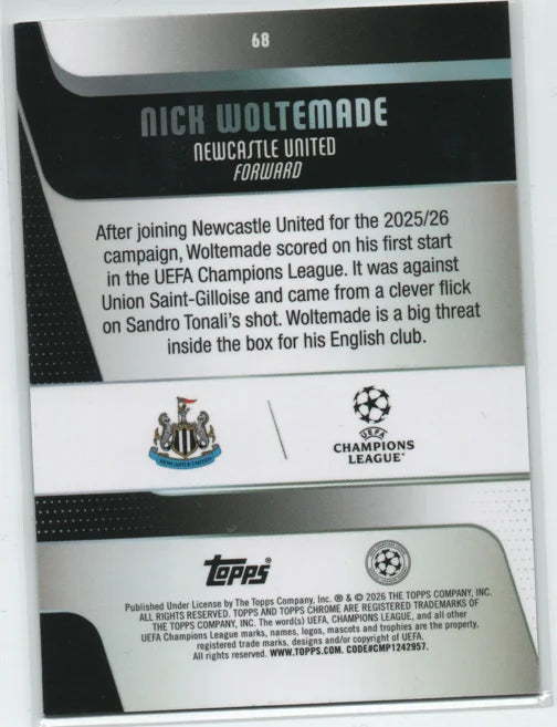 2025-26 Topps Chrome UEFA Club Competitions #68 Nick Woltemade Raywave Refractor