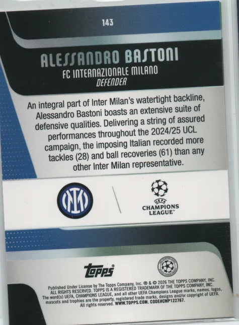 Topps UEFA Champions League Alessandro Bastoni FC Internazionale Milano Card #143