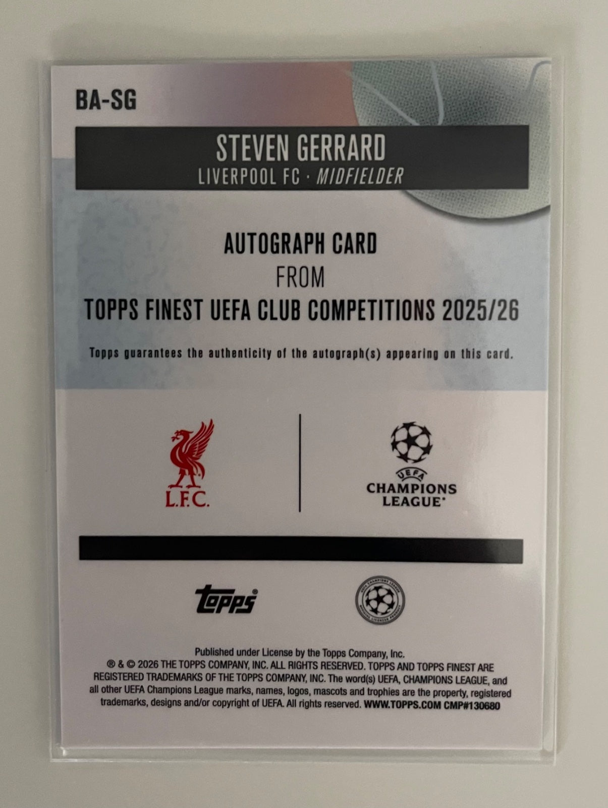 Steven Gerrard Green Refractor Auto /99 (2025-26 Topps Finest UCC)