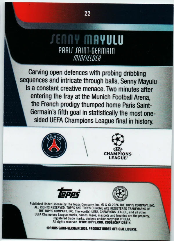 Topps Chrome UEFA Champions League 2026 Senny Mayulu Future Stars #22 PSG Insert