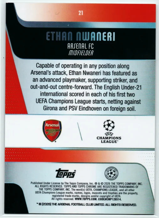Ethan Nwaneri 2025-26 Topps Chrome UEFA Club #21 Future Stars Arsenal