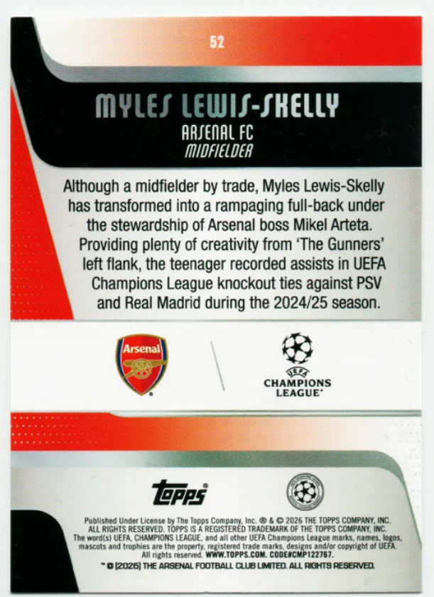Myles Lewis-Skelly 2025-26 Topps UEFA Club #52 Future Stars Arsenal FC