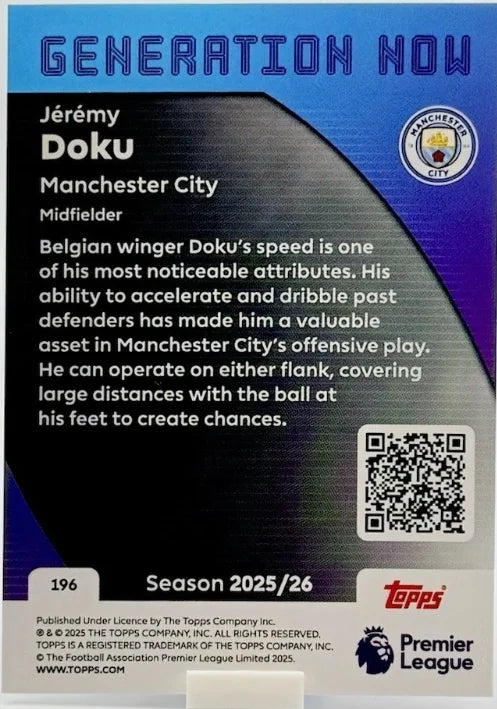 Jeremy Doku 2025/26 Topps Premier League #196 Generation Now Man City