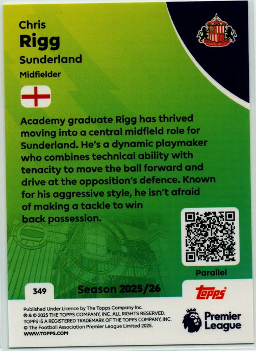 Topps Premier League 2025-26 Chris Rigg RC Yellow Parallel #349 Sunderland