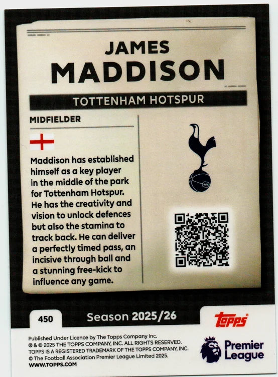 2025-26 Topps Premier League JAMES MADDISON #450 HEADLINES TOTTENHAM HOTSPURS