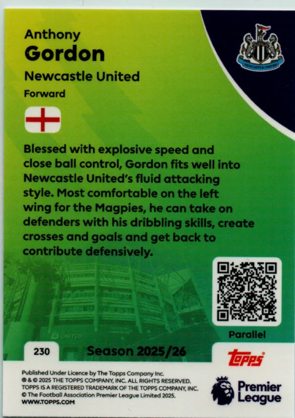2025-26 Topps Premier League #230 Anthony Gordon Blue parallel