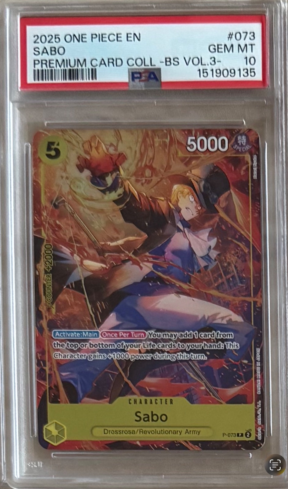 PSA 10 Sabo (Premium Card Collection -Best Selection Vol. 3-) P-073 · Collection Box · Foil (One Piece Promotion Cards)