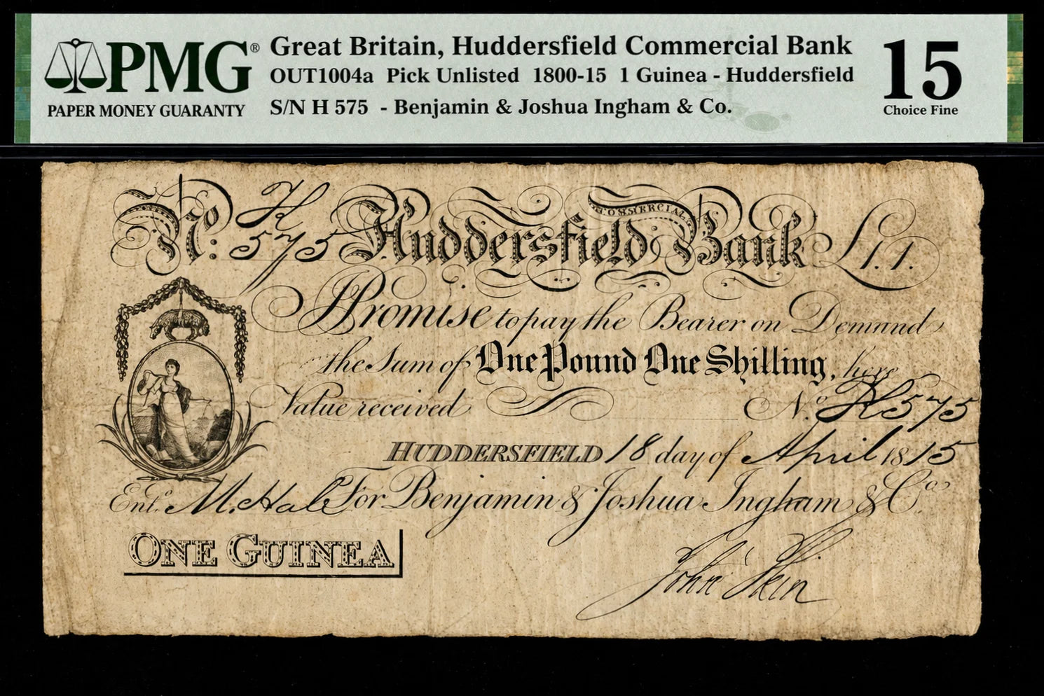 Great Britain, 1800-15 banknote, Huddersfield Commercial Bank, 1 Guinea, Huddersfield, PMG 15