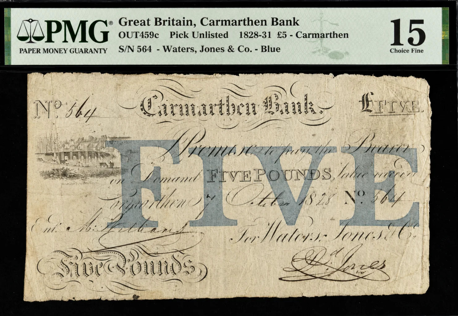 Great Britain, 1828-31 banknote, Carmarthen Bank, 5 Pounds, PMG 15
