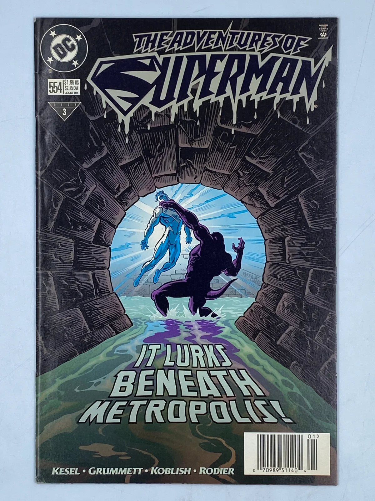 The Adventures of Superman #554 by DC Comics in January 1998, featuring the iconic "Superman Blue"