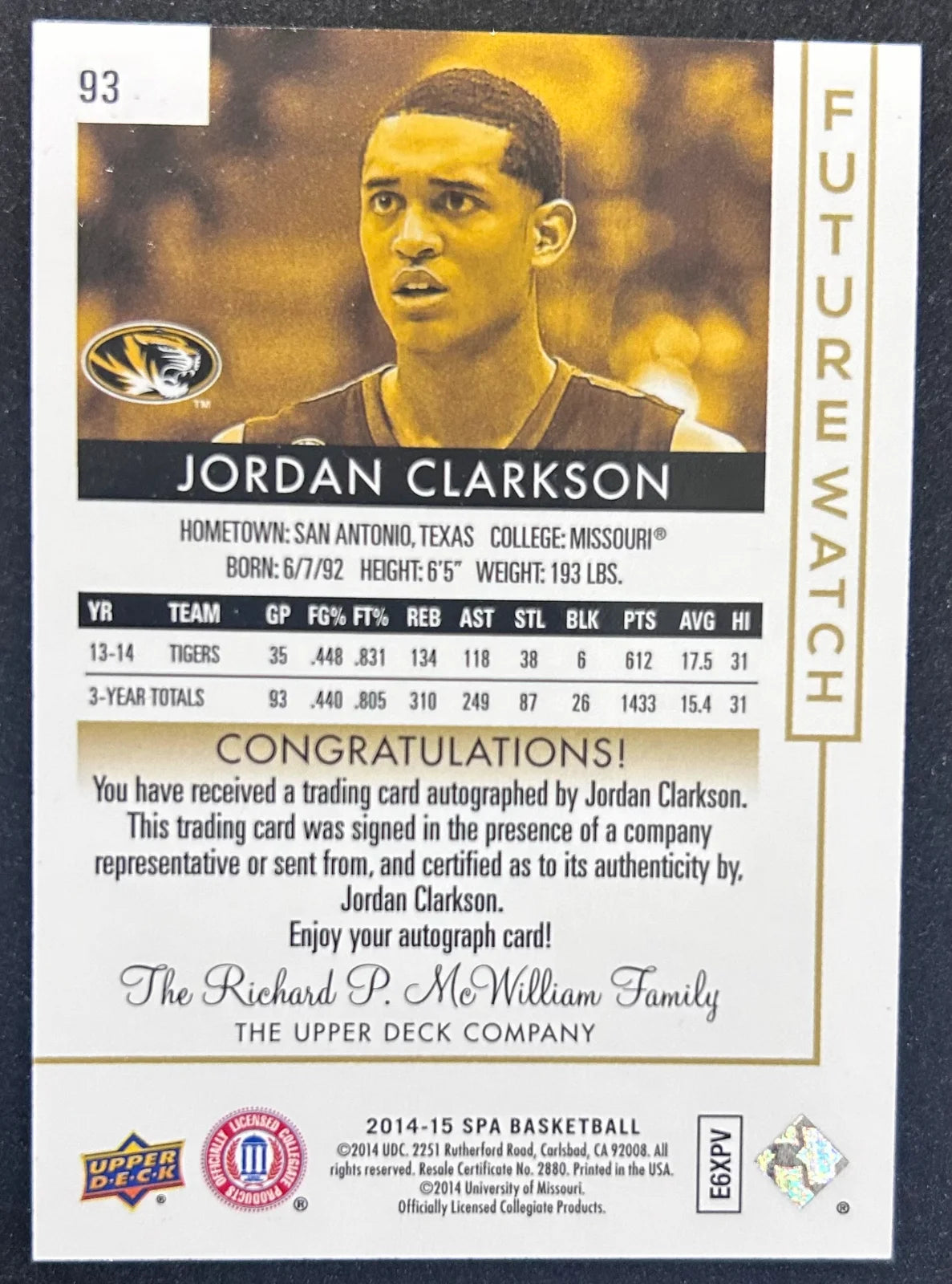 Jordan Clarkson 2014-15 SP Authentic Future Watch Autographs /475