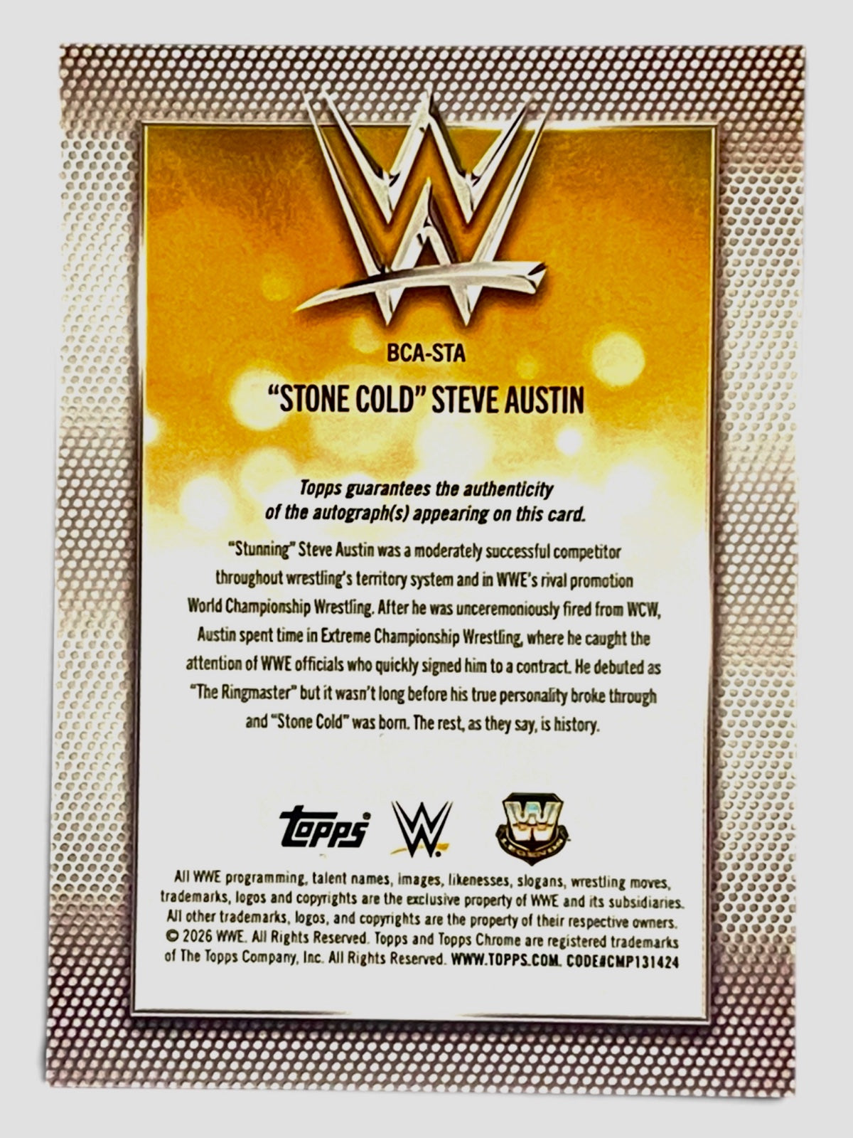 2026 Topps Chrome WWE Stone Cold Steve Austin Auto True Gold Refractor /50