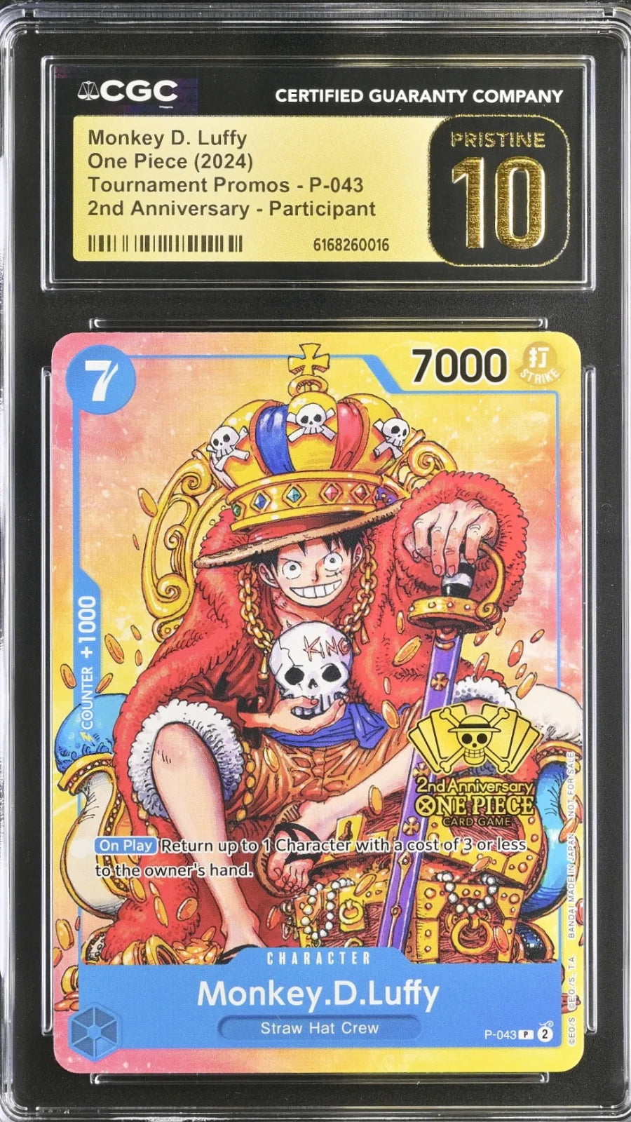 One Piece, Monkey D. Luffy, P-043,  2024, English, 2nd Anniversary, PRISTINE 10