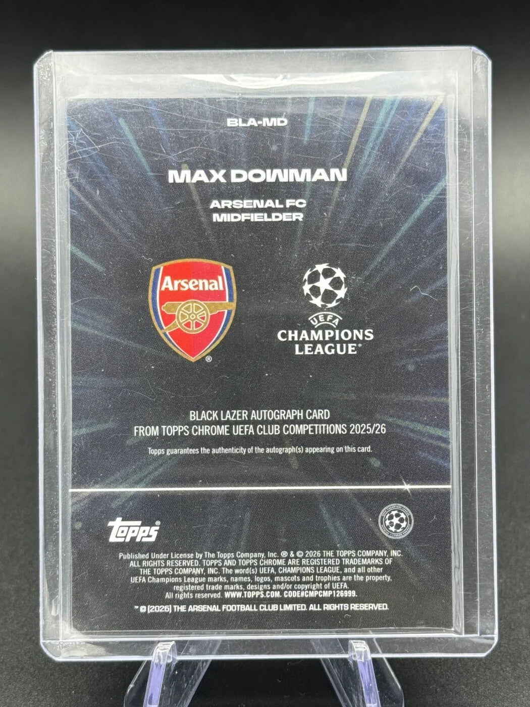 2025-26 Topps Chrome UCC Max Dowman Black Lazer Auto RC #BLA-MD Arsenal