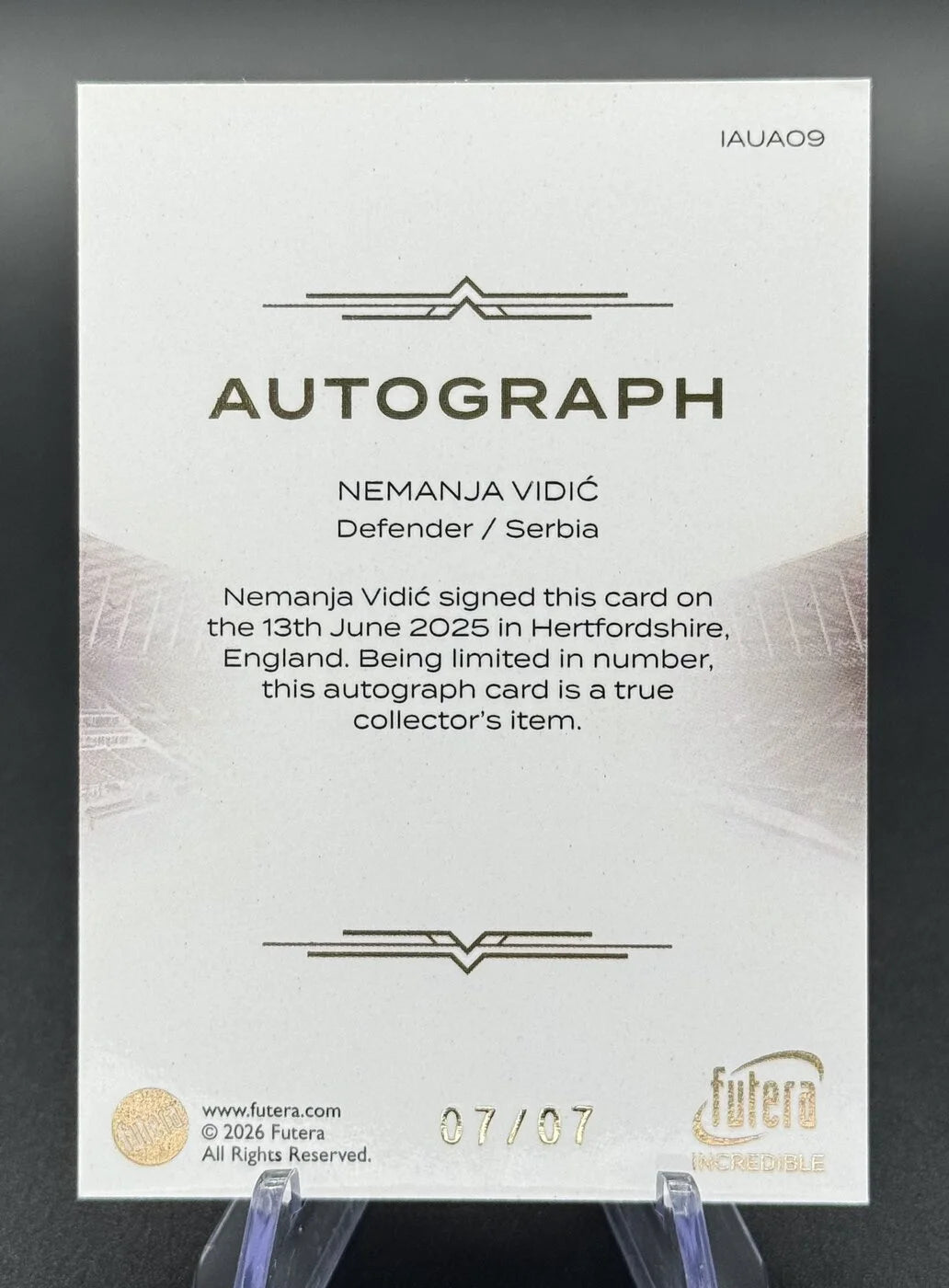 2026 Futera Incredible Nemanja Vidić Autograph 07/07 #IAUA09 Serbia