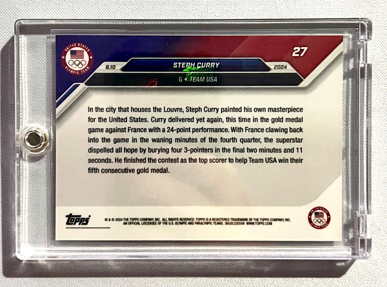 2024 Topps Now Stephen Curry Night Night #27 USA Olympics Gold Medal Game France