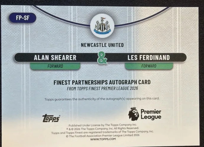 Topps Finest EPL 2026 Dual Auto Alan Shearer & Les Ferdinand Newcastle /50 Gold