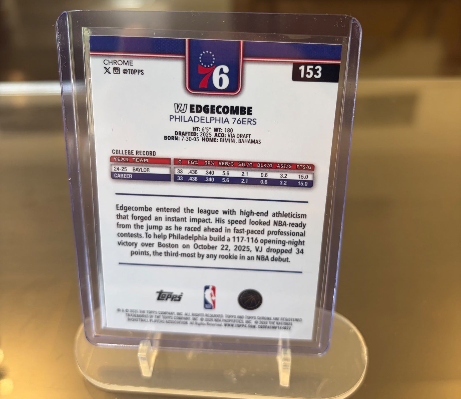 VJ Edgcombe TOPPS CHROME UPDATE /199