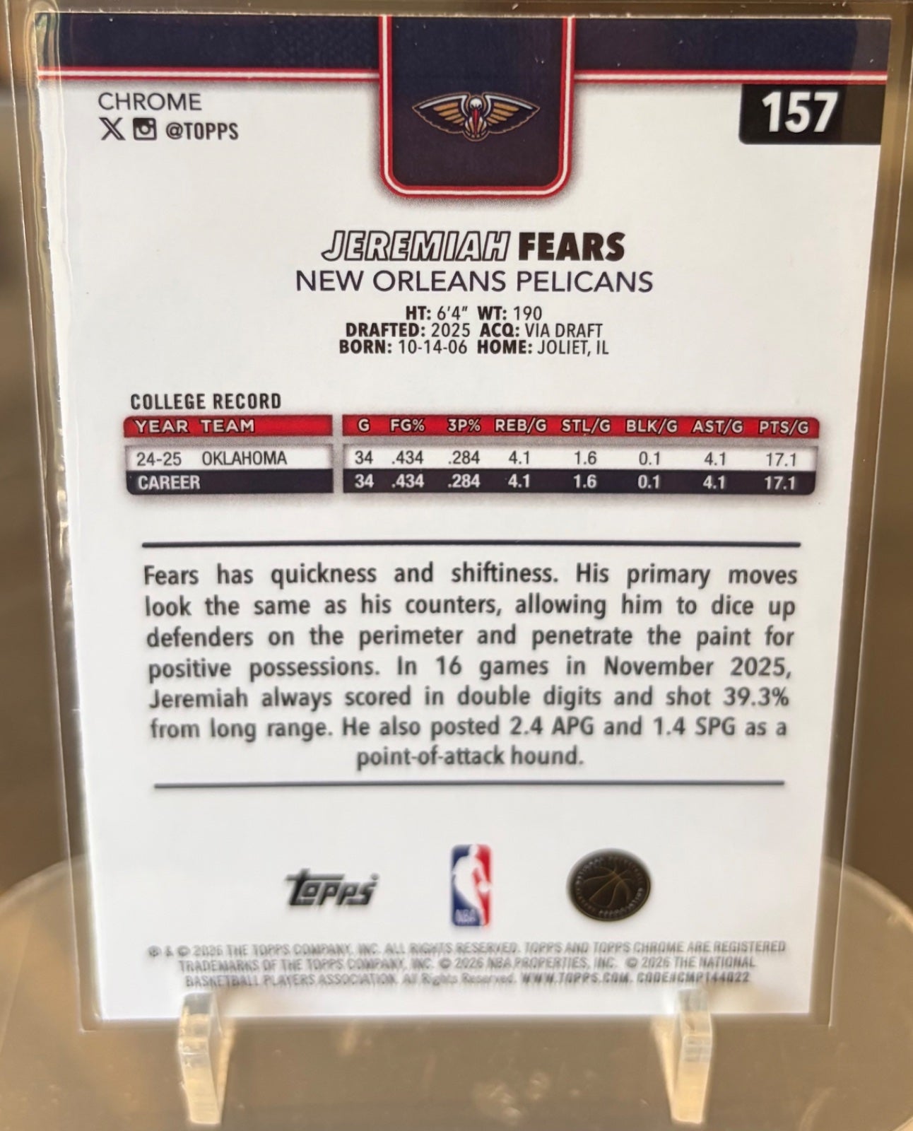 Topps chrome update NBA JEREMIAH FEARS Red white blue refractor