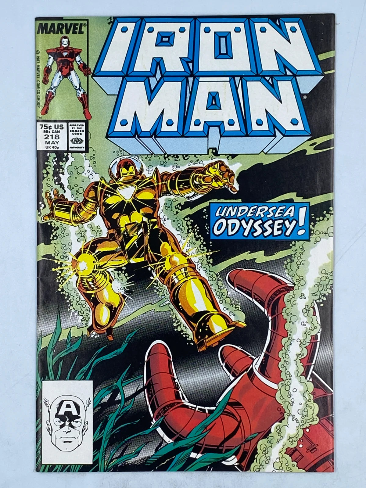 Iron Man wearing his specialized Hydro Armor (Model VIII) on the cover#218, by Marvel Comics in May 1987