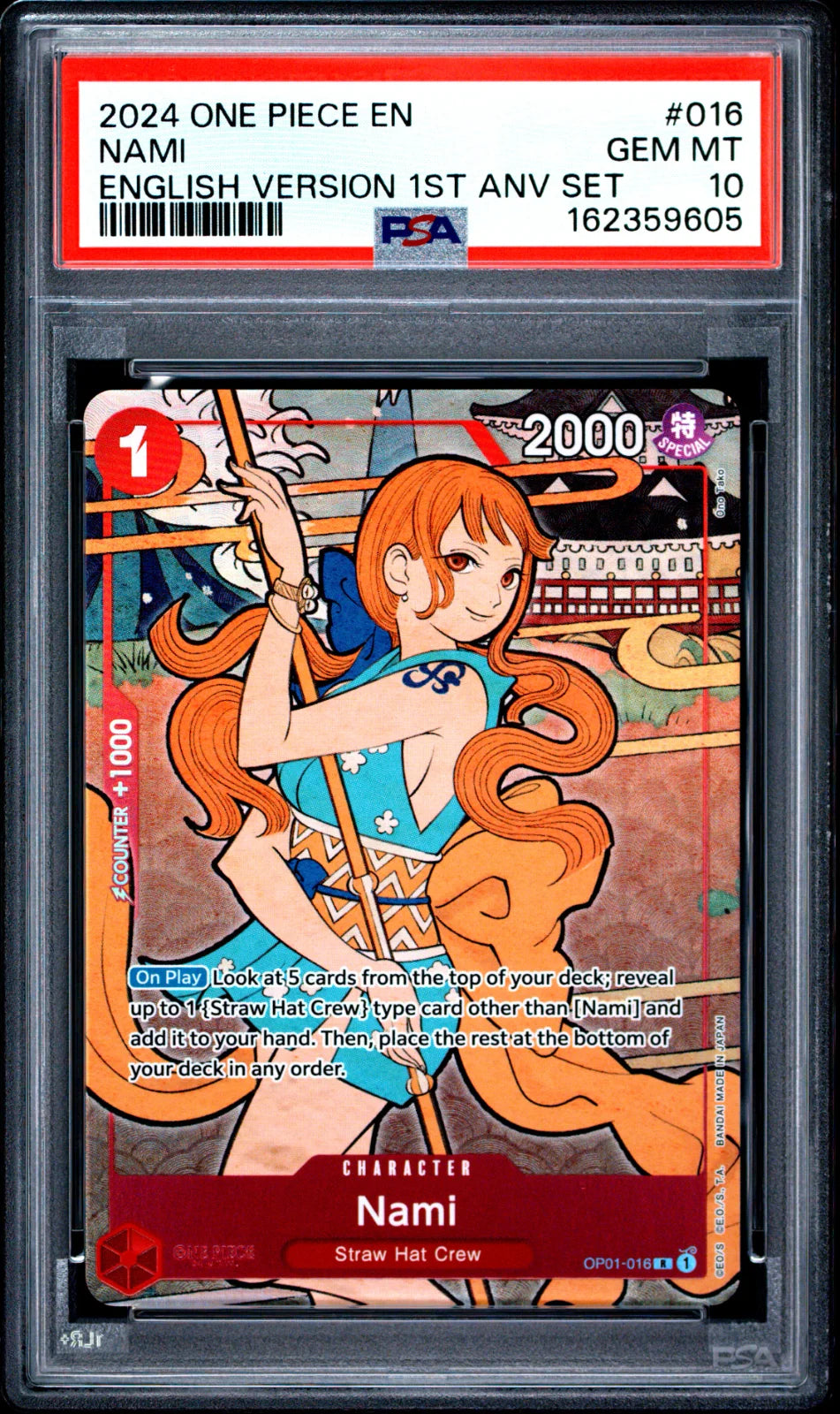 Nami (English Version 1st Anniversary Set) OP01-016 (One Piece Promotion Cards) — PSA 10