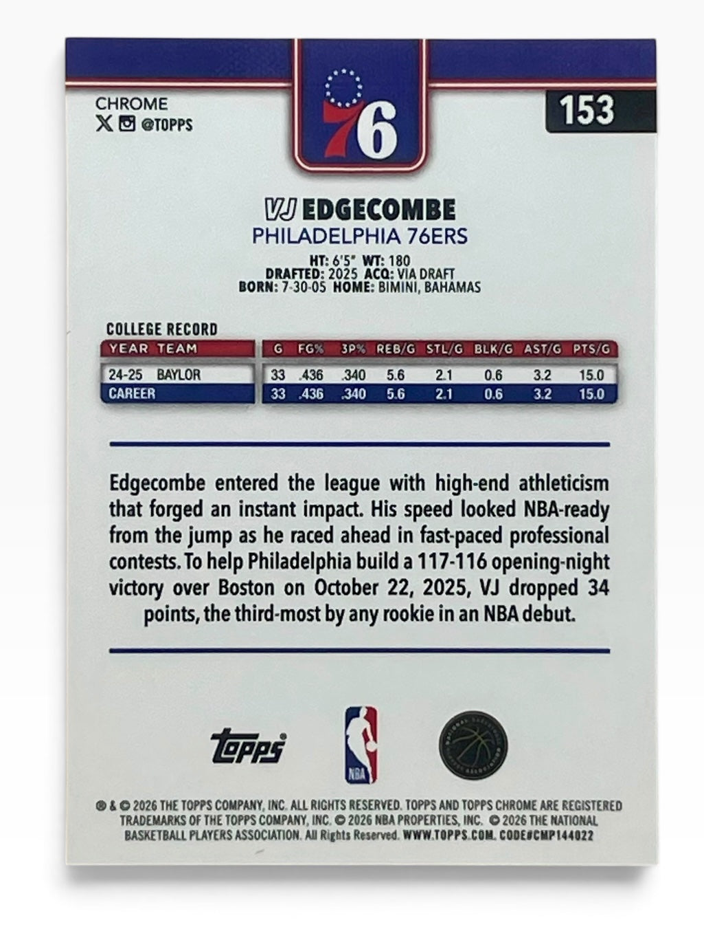 2025-26 Topps Chrome Update Vj Edgecombe