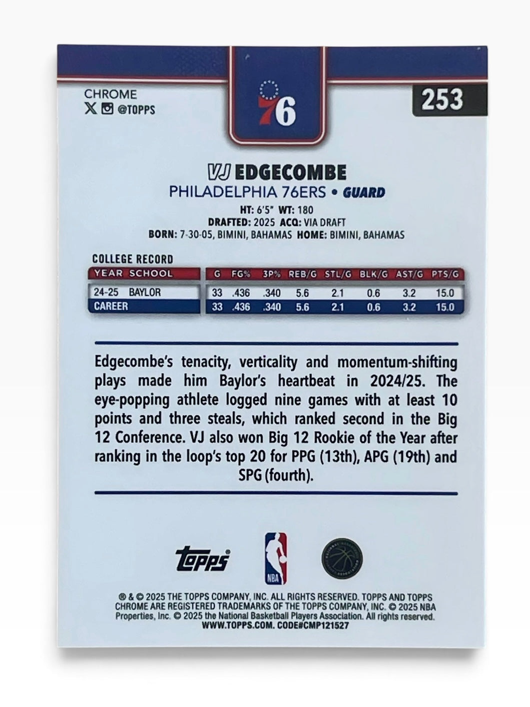 2025-26 Topps Chrome Vj Edgecombe