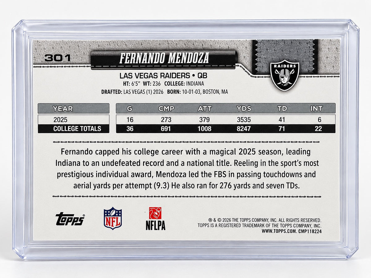 2026 Topps Football Fernando Mendoza #301 Rookie Card RC Las Vegas Raiders