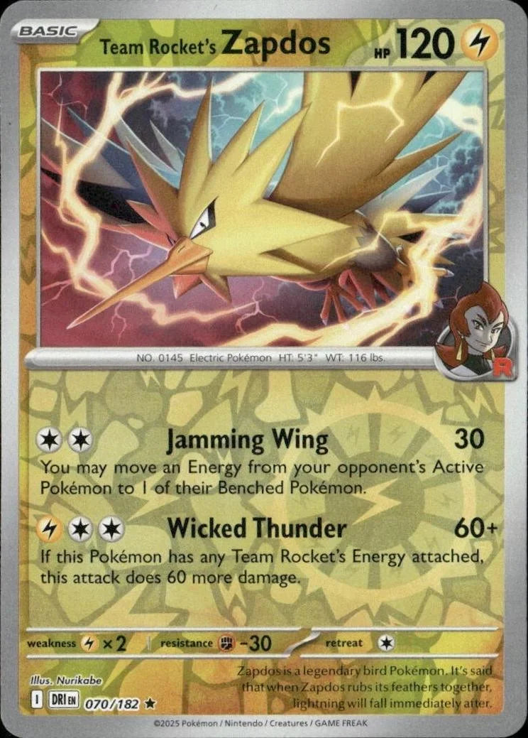 Team Rocket's Zapdos 070/182 · Reverse Holofoil (Destined Rivals)