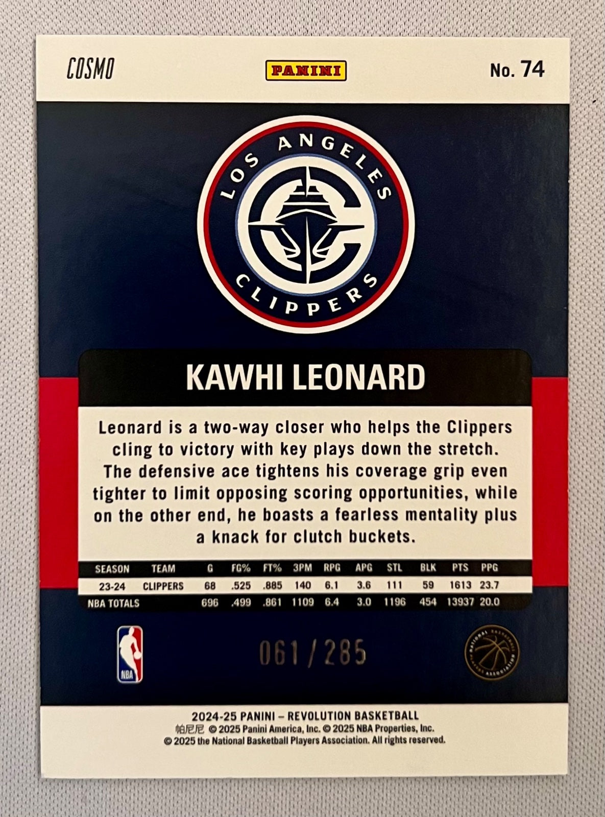 Panini 2024-25 Revolution Kawhi Leonard #74 Blue Cosmo Los Angeles Clippers /285