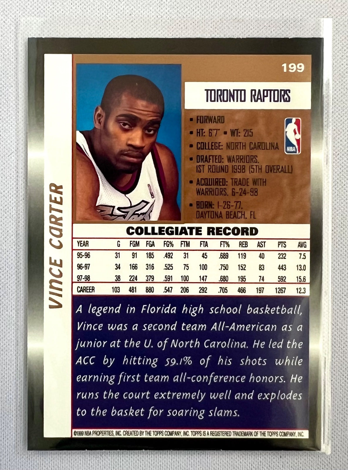 Vince Carter 1998-99 Topps Basketball (RC) Rookie Card #199 Toronto Raptors -292
