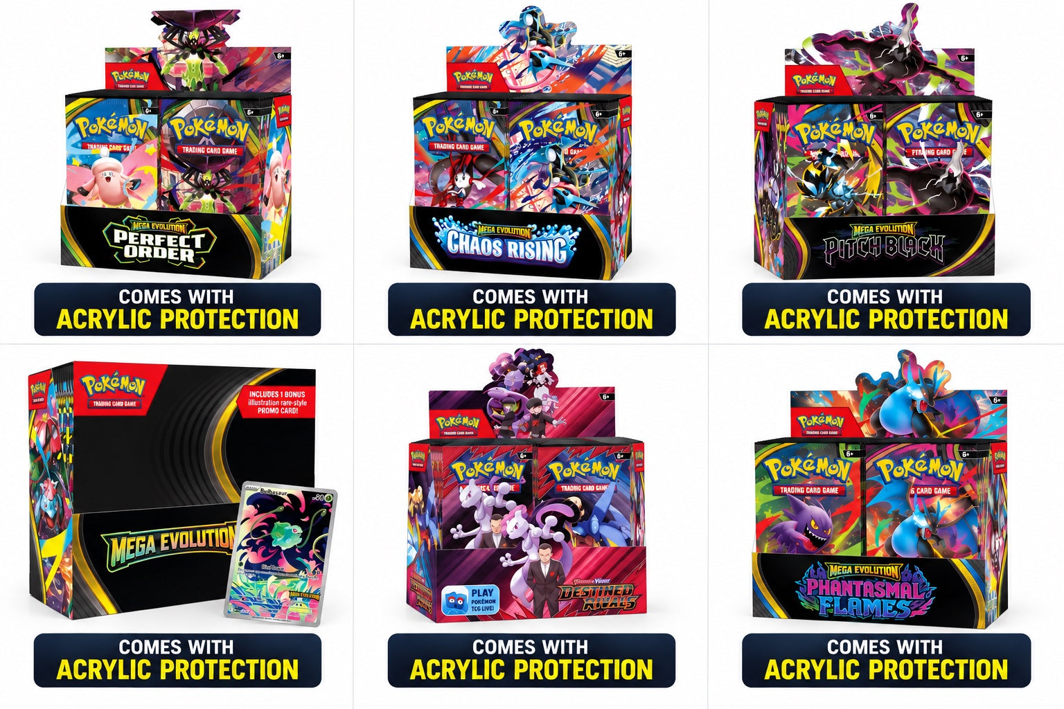 6 sealed booster boxes, each with acrylic protection. – MYNTED