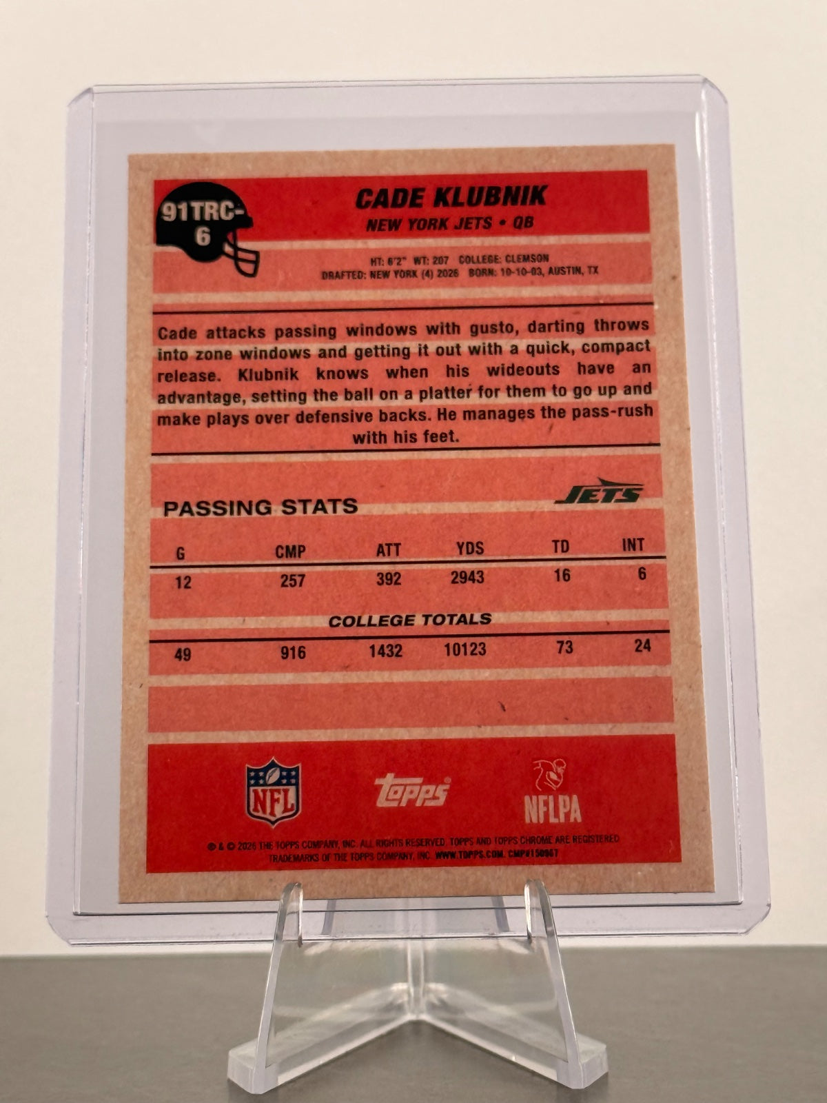 2026 Topps Flagship Cade Klubnik RC #91TRC-6 1991 Rookie Chrome Mojo – Jets